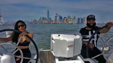 Romantic Couple sailing with Manhattan skyline